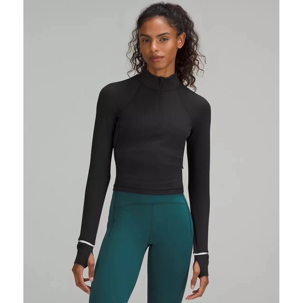 Lululemon It's Rulu Run Ribbed Cropped 1/2 Zip Pullover Black LW3GF2S Size 0